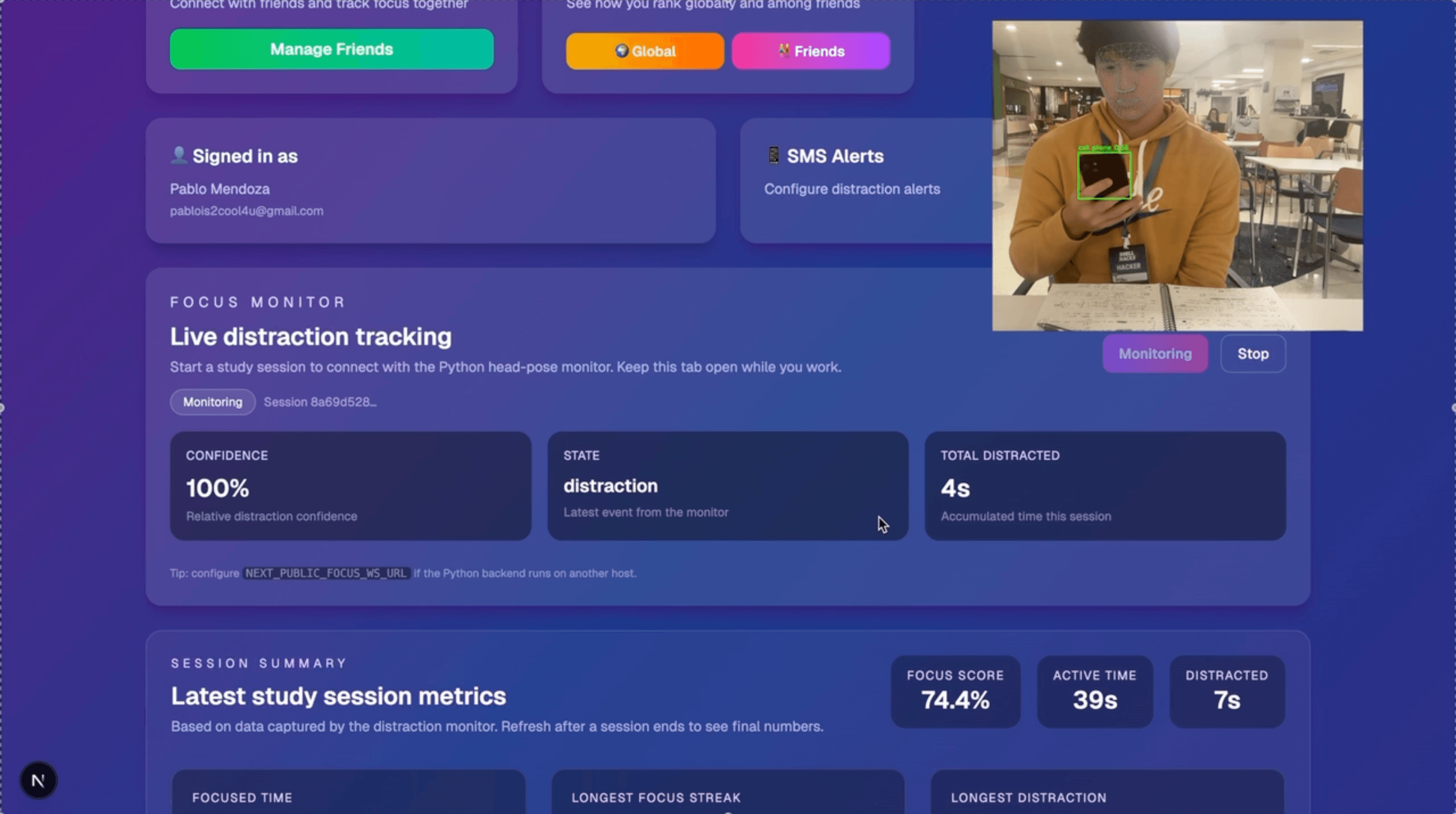 LockedIn dashboard showing live phone-distraction detection, focus metrics, and a camera preview.
